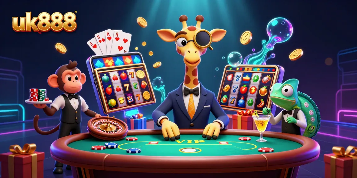 Experience excitement at uk888 with a high-roller giraffe at a poker table surrounded by vibrant slot game elements.