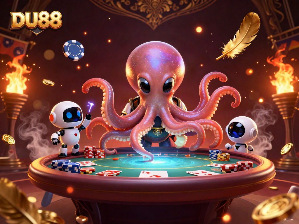 Experience thrilling gameplay at DU88 with a cartoon alien octopus managing a holographic poker table.