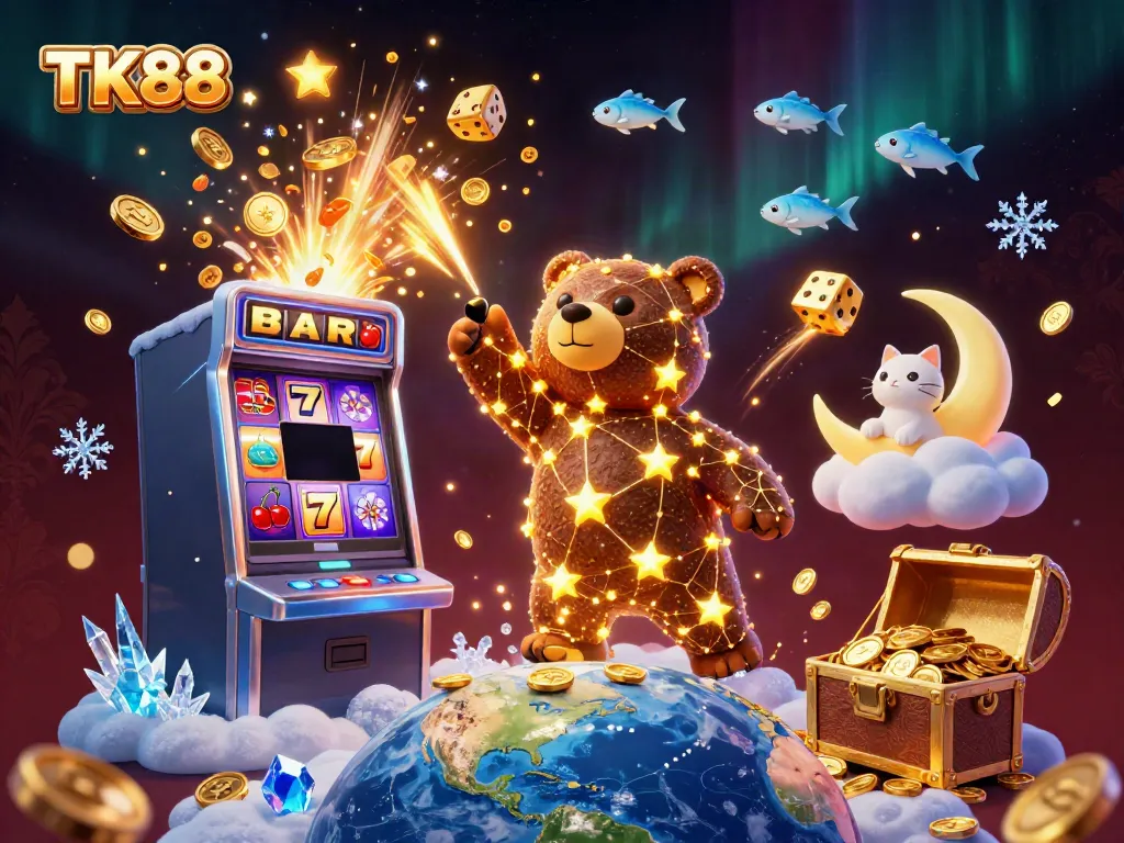 Engage with TK88's vibrant casino world featuring a constellation bear and slot machine.