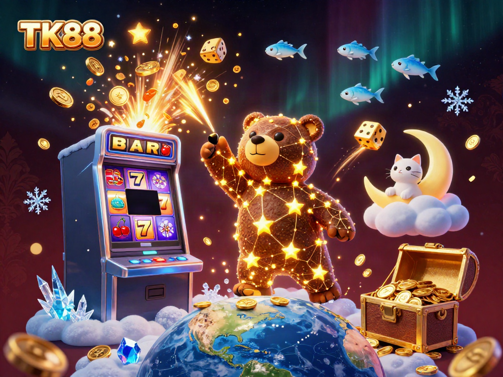 Engage with TK88's vibrant casino world featuring a constellation bear and slot machine.
