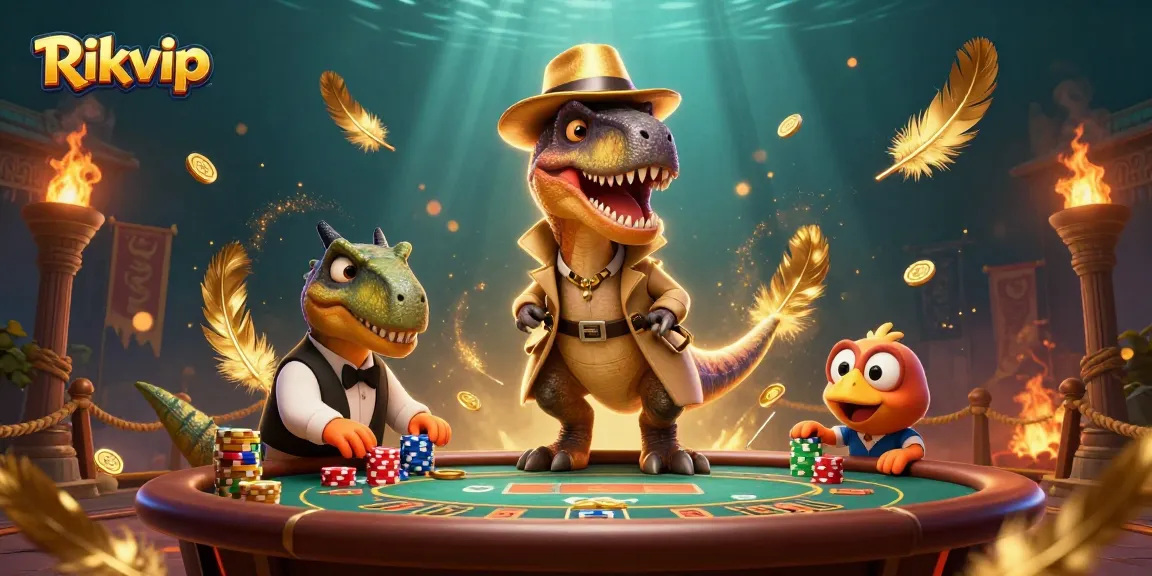 Experience thrilling gameplay at Rikvip with a cartoon velociraptor counting cards and a watchful pit boss.