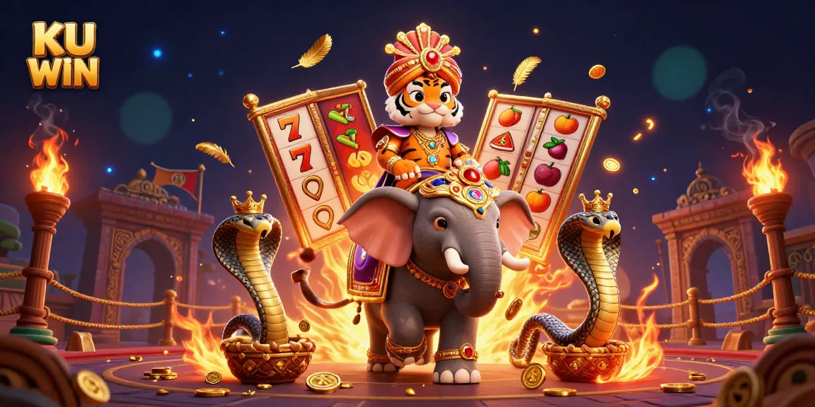 Experience the excitement at KU WIN with a vibrant 3D casino scene featuring rich characters and slot game elements.