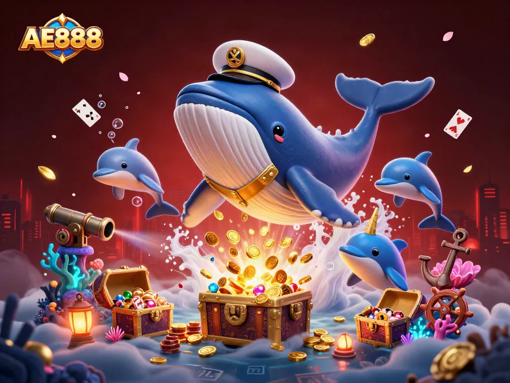 Win big with AE888 in this vibrant underwater casino scene featuring playful characters and dynamic game elements.