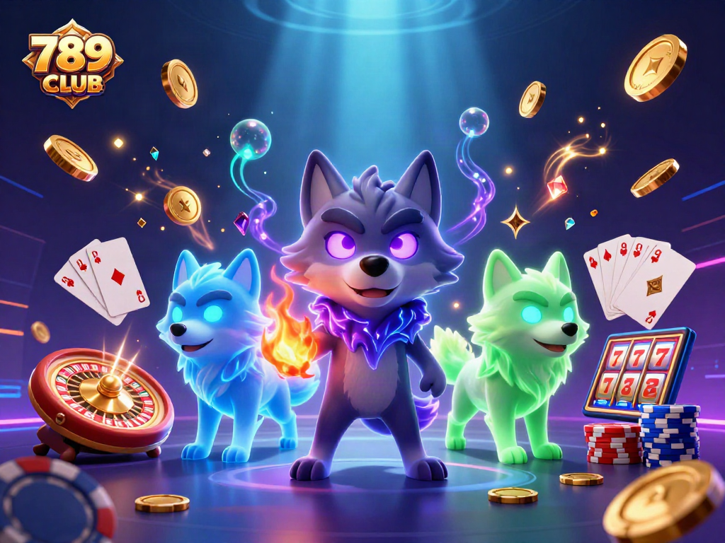 Play slots and win at 789CLUB with thrilling ghostly wolves and vibrant casino elements.