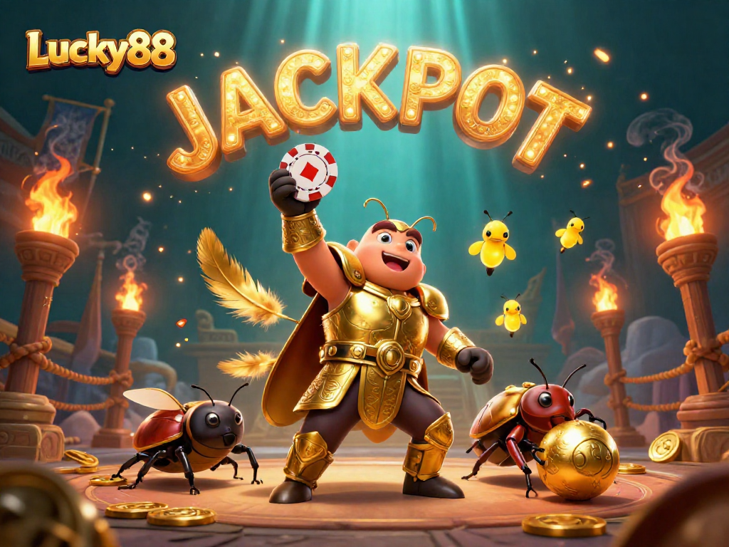 Experience winning moments with Lucky88, where a heroic beetle celebrates a poker victory amidst a vibrant casino scene.