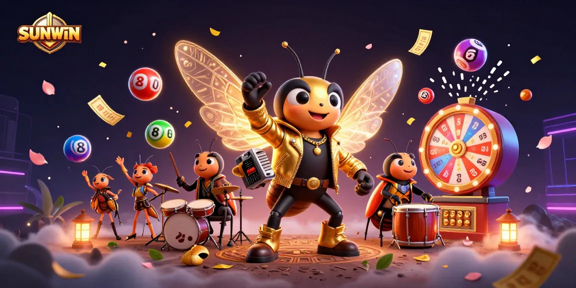 SUNWIN brings excitement to life with vibrant colors, bouncing lottery balls, and animated casino characters in this lively illustration.