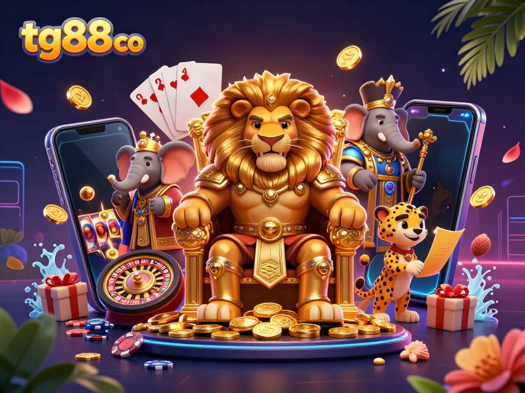 Experience thrilling games at tg88 co with a fierce lion king and vibrant casino elements in a dynamic scene.