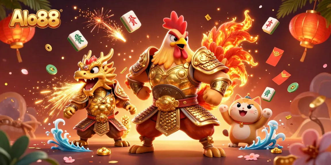 Alo88 captures a dynamic casino scene with a fighting rooster and dragon in a vibrant atmosphere.