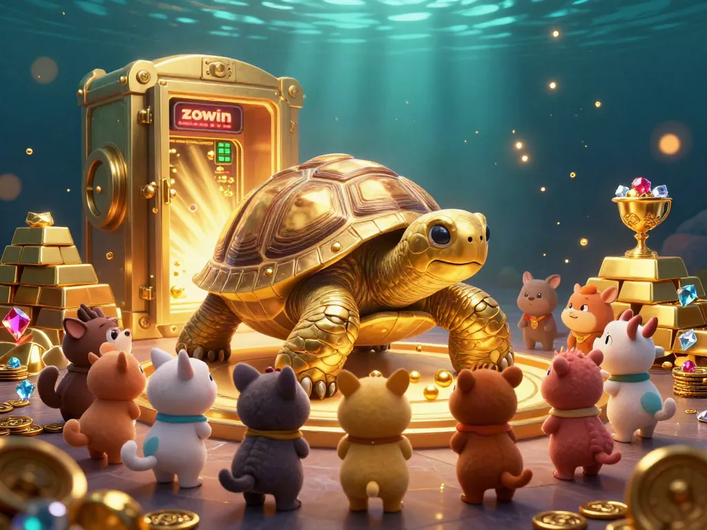 Zowin players enjoy thrilling casino games with a golden tortoise pinball machine surrounded by treasures.