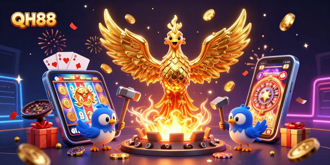 Engage with QH88's vibrant casino world featuring golden phoenix and dynamic gaming elements.