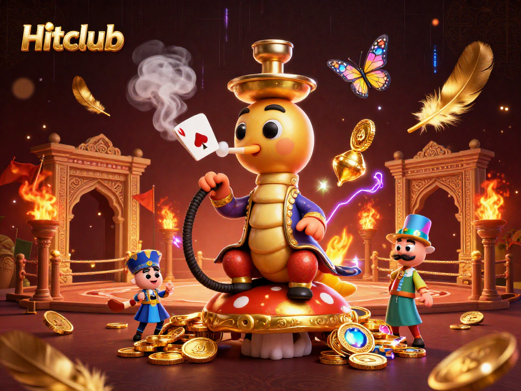 Hitclub gaming scene featuring a caterpillar hookah-master creating poker smoke rings.