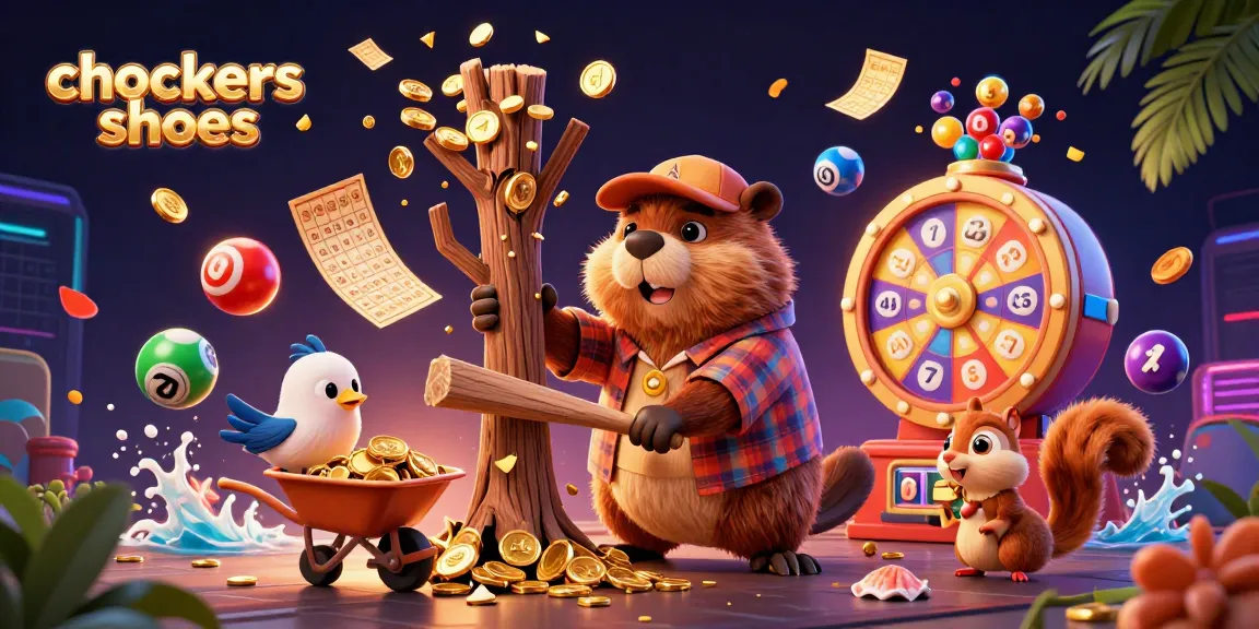 Play with chockers shoes as cartoon characters celebrate in a vibrant casino scene, stacking coins and tickets.