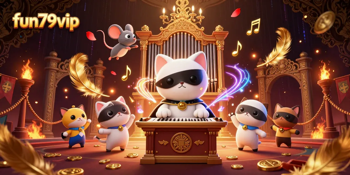 Experience fun79vip casino thrills with an enchanting 3D scene featuring a white cat organist and mouse acrobat.