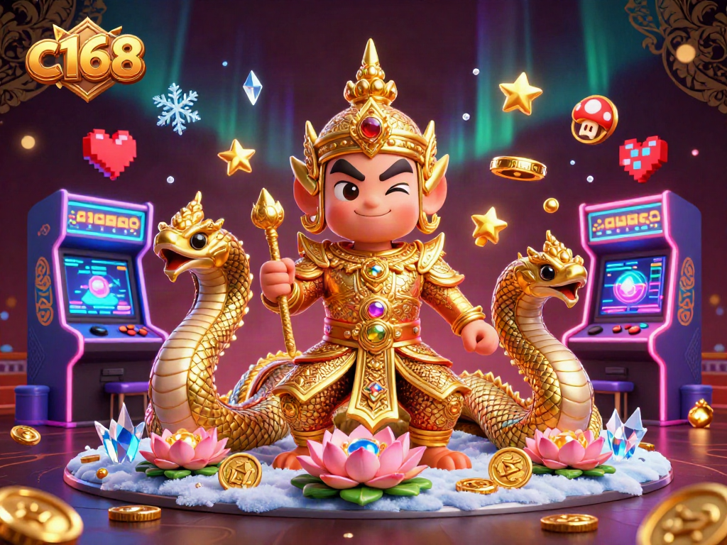 Engage with c168's vibrant gaming world featuring dynamic 3D characters and casino elements.