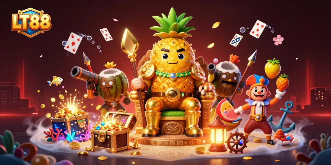 Engage in exhilarating gaming at LT88 with a dazzling 3D scene showcasing a golden pineapple king surrounded by vibrant casino elements.