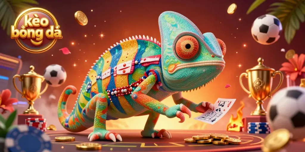 Engage in kèo bóng đá with a vibrant chameleon betting on sports amidst trophy elements and festive decorations.