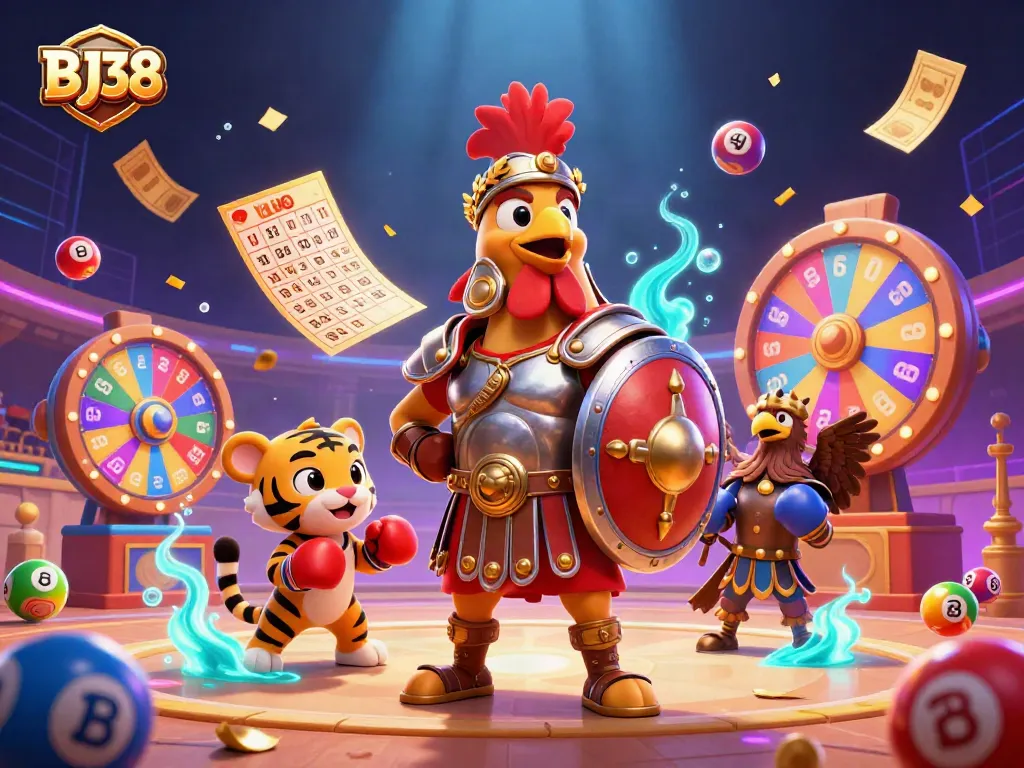 Spin the excitement with BJ38 as the gladiator rooster battles in a lively casino arena.