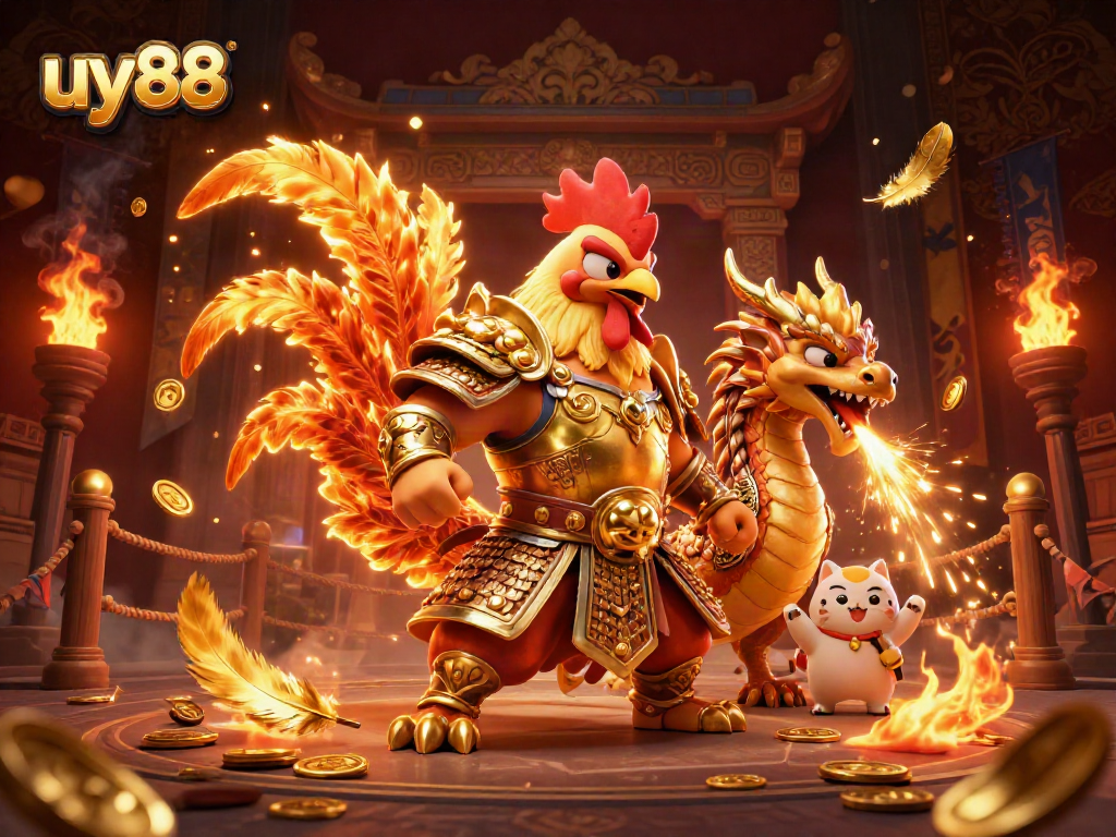 Engage with uy88 as the dynamic fighting rooster warrior and dragon create a thrilling casino scene.