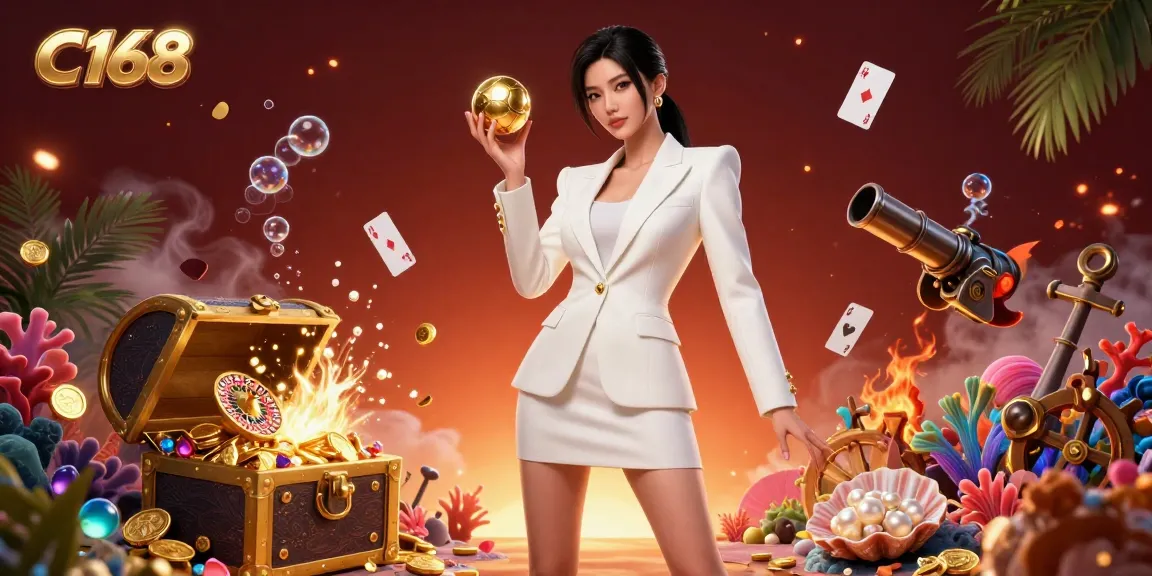 C168 casino illustration showcasing an Asian woman confidently holding a roulette ball immersed in golden casino elements.