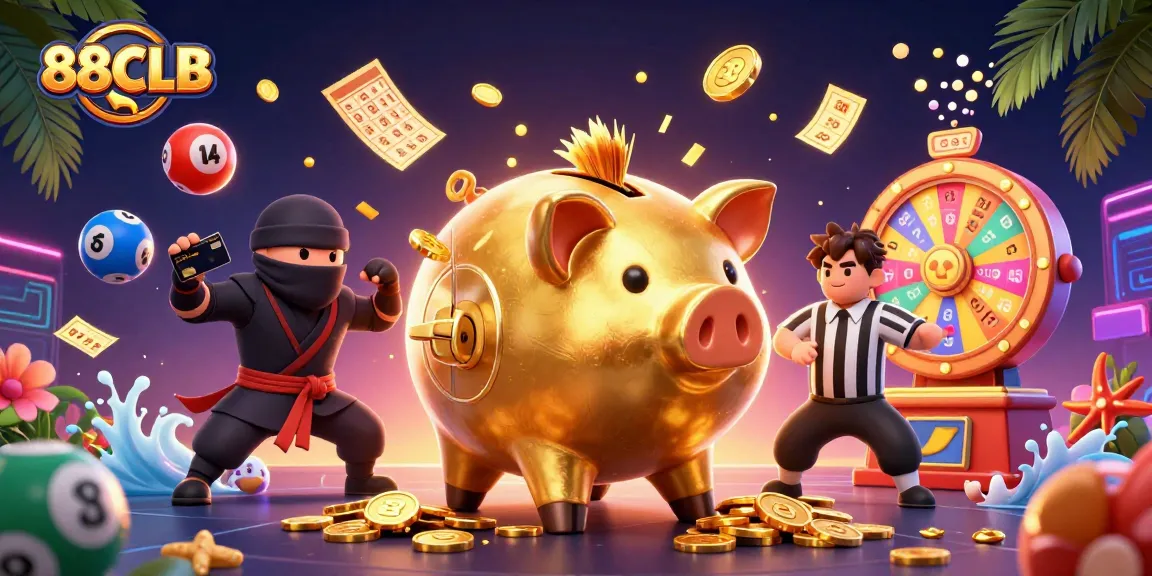 Engage in thrilling gaming at 88CLB with colorful casino elements and vibrant characters.