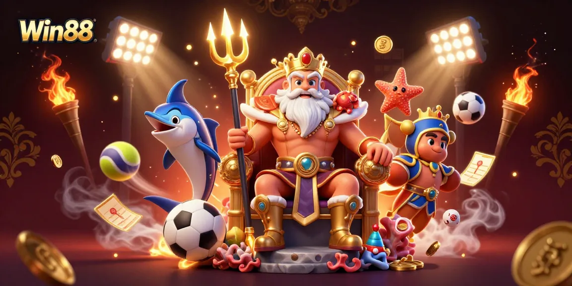 Win88 showcases an epic scene with Neptune, sports balls, and engaging casino elements