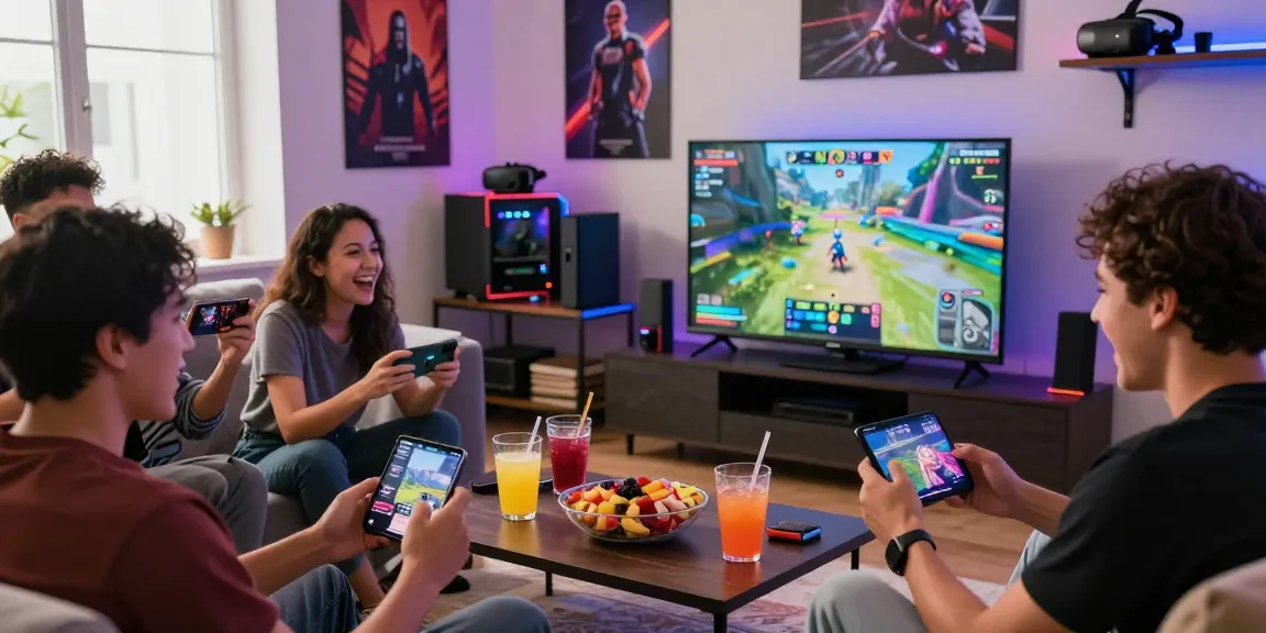 Friends playing app Zowin together on smartphones in a lively gaming setup.
