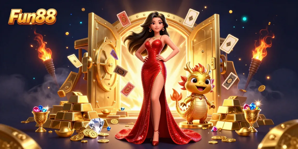 Experience thrilling gaming at Fun88 with an exquisite Asian lady and golden dragon amidst treasure.
