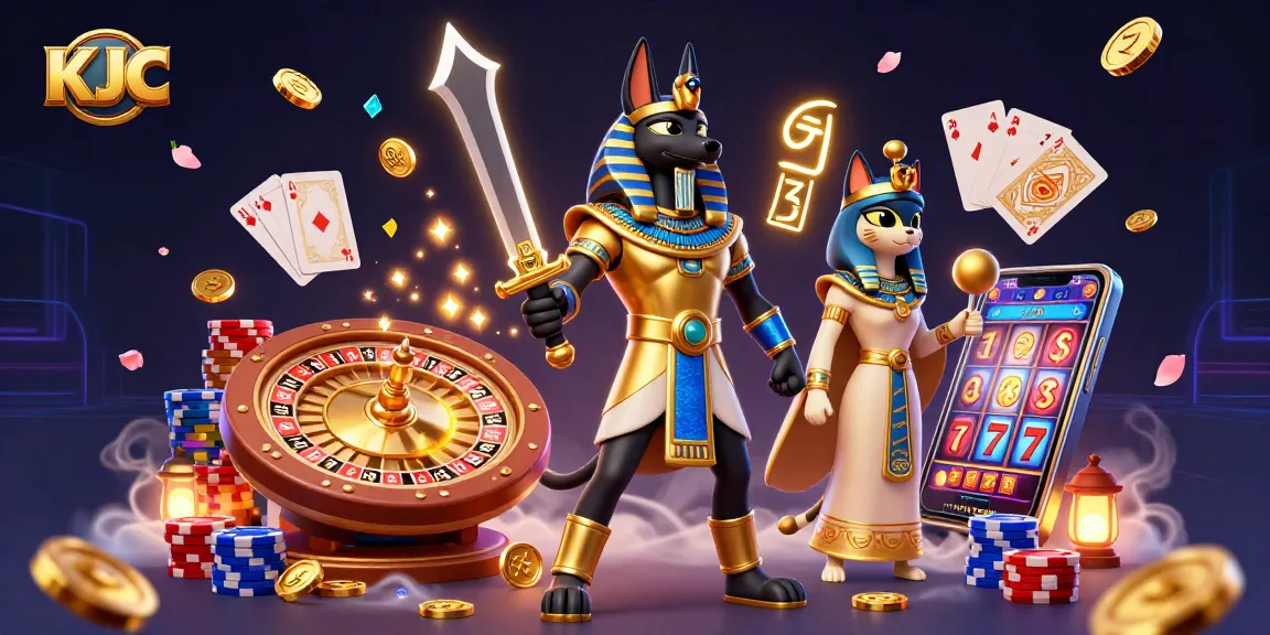 KJC showcases a vibrant casino scene with Anubis, Bastet, and dynamic game elements elevating the excitement.