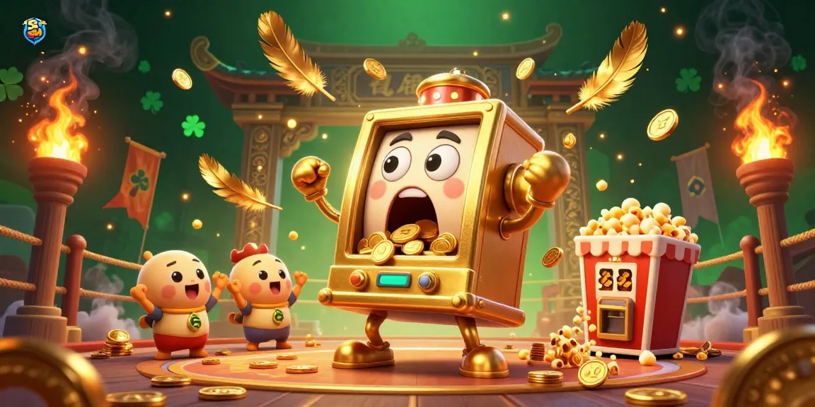 Celebrate big wins at 58win with a dynamic scene of golden slot machines and festive elements.