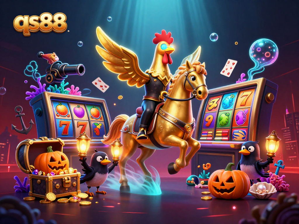 qs88 casino scene featuring a golden rooster and casino elements bursting with excitement