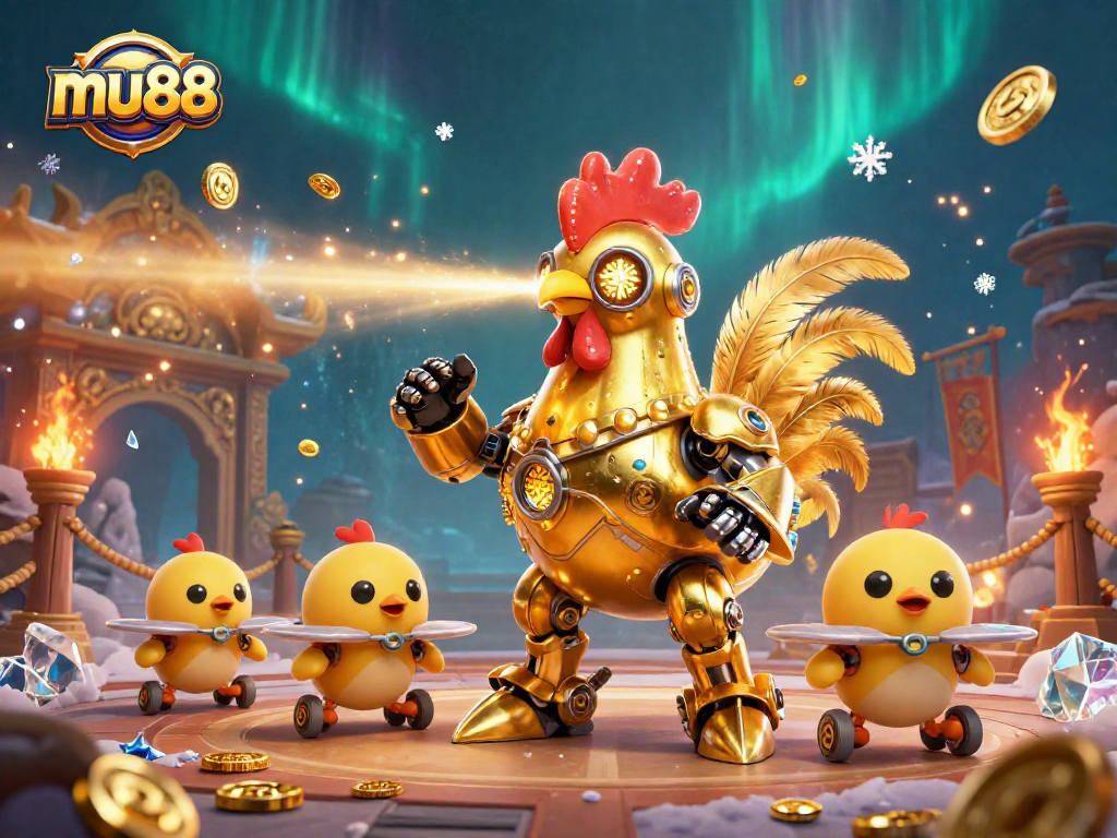 Experience the thrill of mu88 with a dynamic futuristic casino robot scene filled with gold coins.