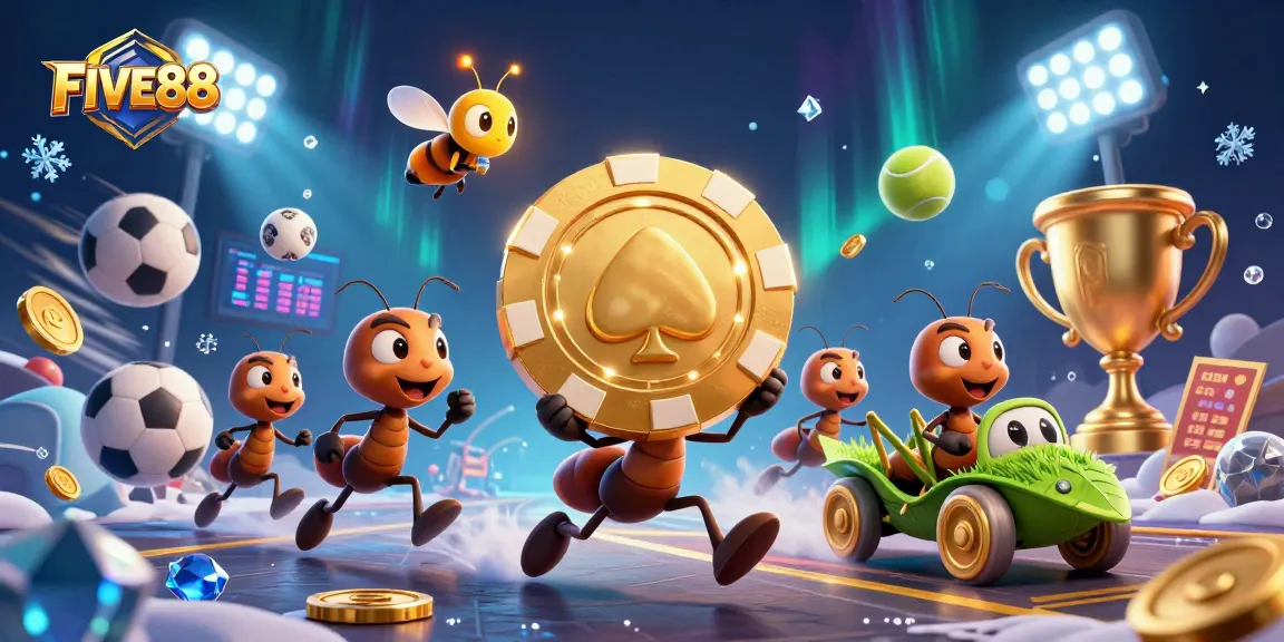Engage in the adventure with FIVE88 as ants steal a giant poker chip amidst vibrant casino elements.