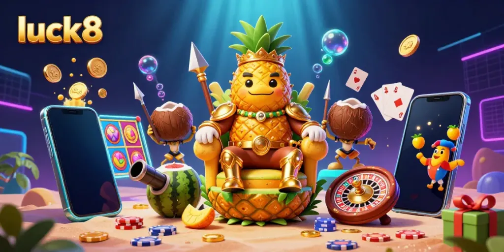 Play slots and win big at luck8 with an ultra-detailed 3D cartoon illustration featuring vibrant casino elements.