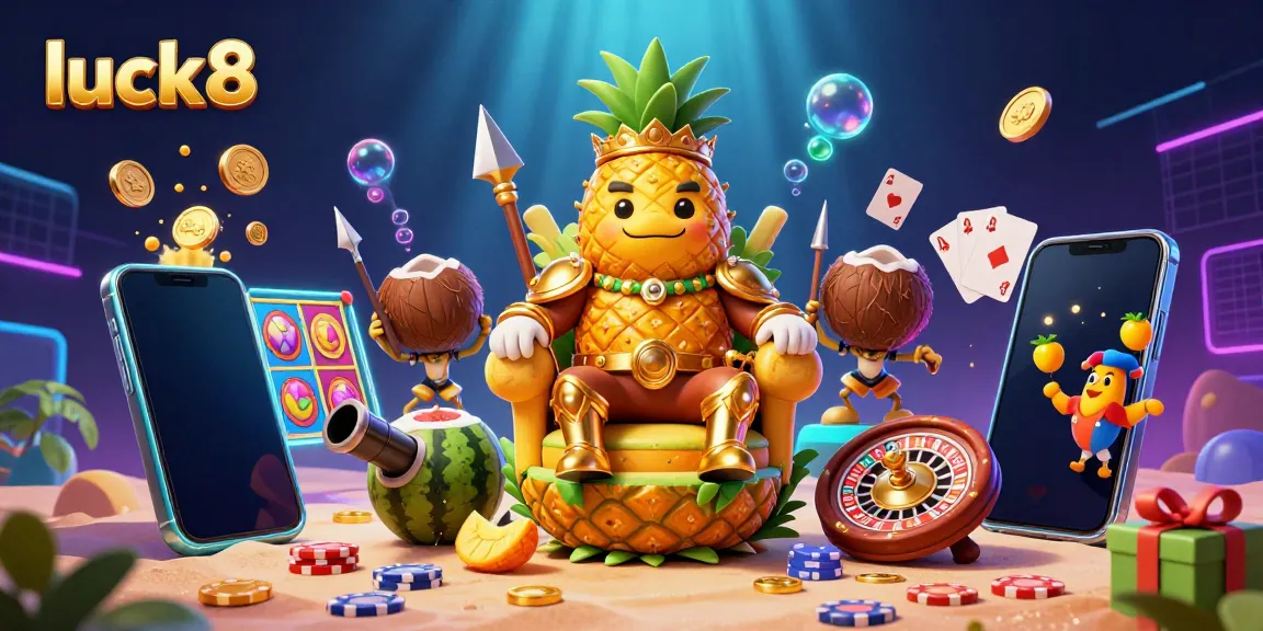 Play slots and win big at luck8 with an ultra-detailed 3D cartoon illustration featuring vibrant casino elements.