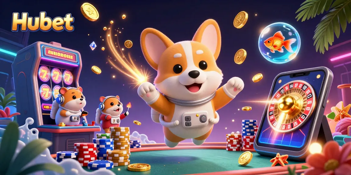 Engage with Hubet's thrilling online casino experience, featuring a dynamic 3D cartoon space scene.