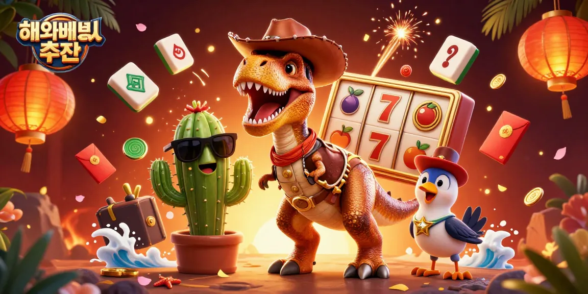 Win big with 해외배팅사이트 추천 featuring a T-Rex cowboy and casino elements.