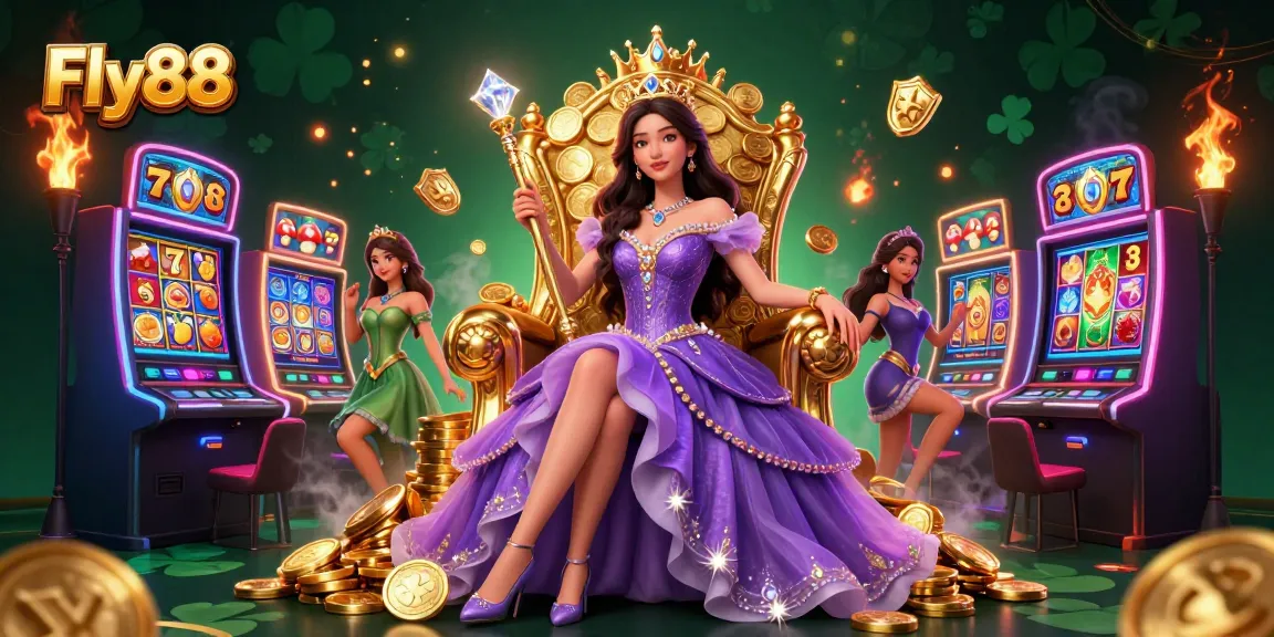 Experience the thrilling world of Fly88 with a dazzling princess-themed casino scene, complete with slots and games.