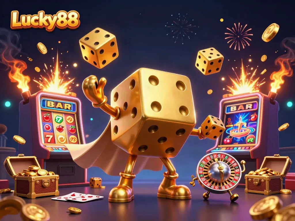 Experience thrilling gameplay at Lucky88 as golden dice and slot machines burst with coins and surprises.