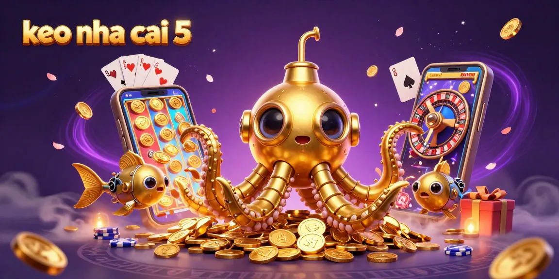 Engage with the thrilling world of keo nha cai 5 amidst a whimsical, golden coin-filled scene.