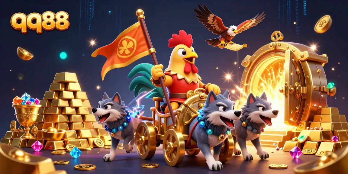 Experience the adventure of qq88 in this vibrant casino-themed illustration featuring a rooster warlord and treasures.