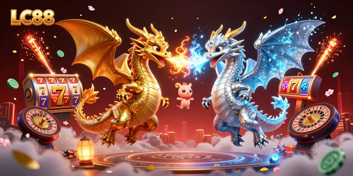 Experience the thrill of LC88 with intertwined dragons and dynamic slot and poker elements.