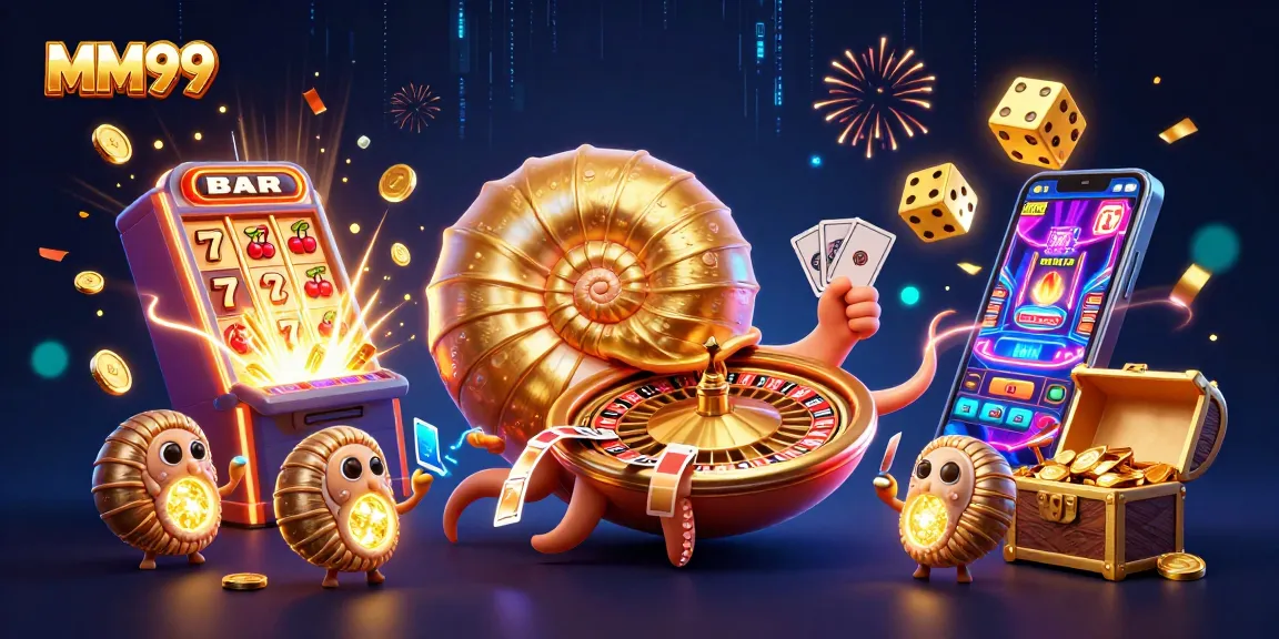Engage with MM99's vibrant casino world featuring a giant nautilus roulette wheel bursting with games.