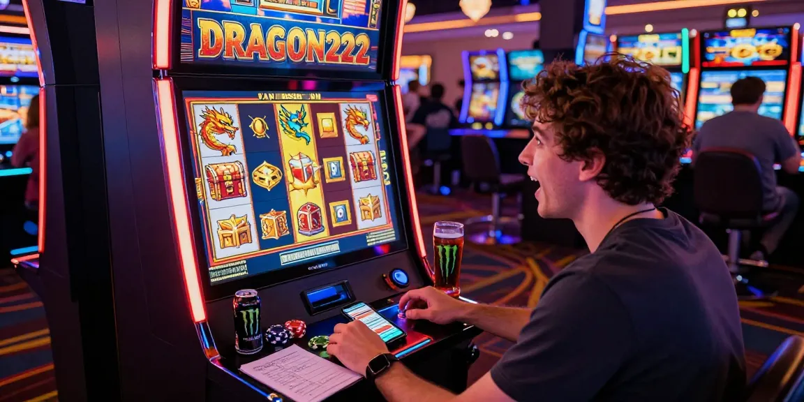 Excited player engaging with the DRAGON222 slot machine in a vibrant casino setting, showcasing colorful game symbols.