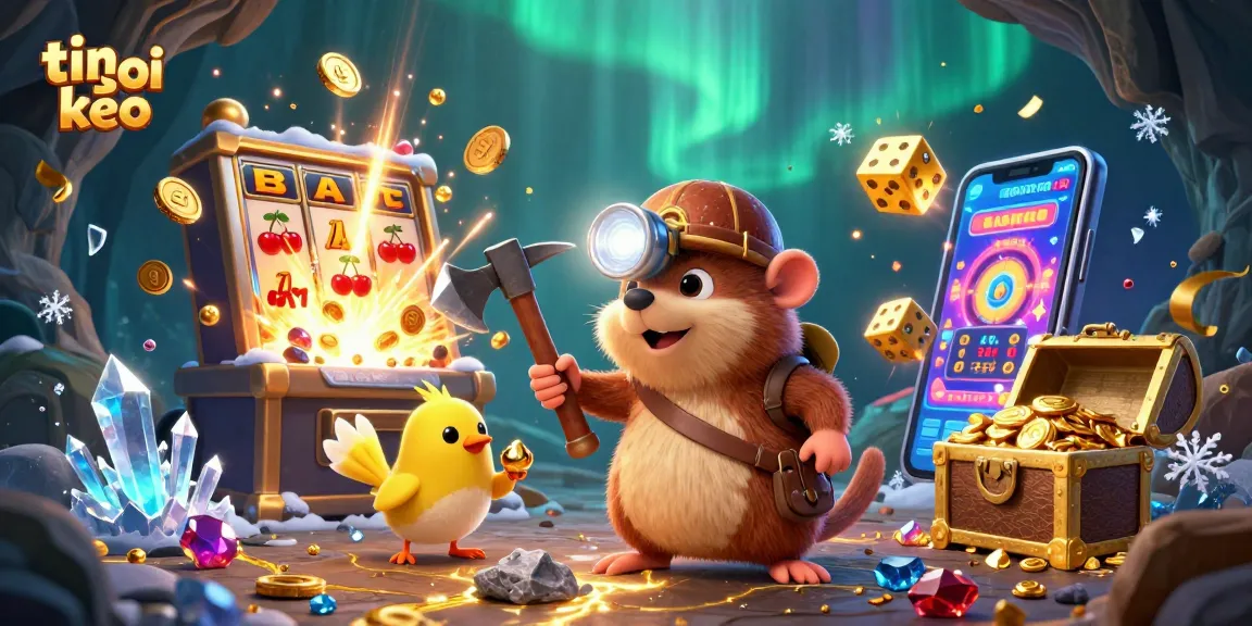 Engage with tin soi keo's vibrant scene filled with treasure, slot machines, and dynamic casino elements.