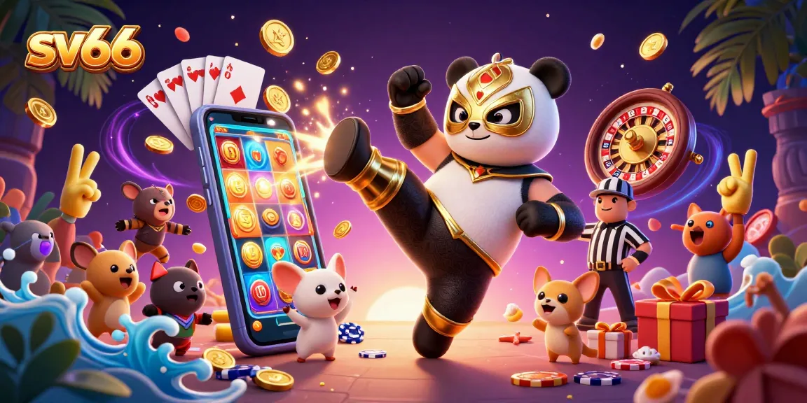 sv66 showcases a thrilling casino scene with a cartoon panda wrestler and vibrant gaming elements.