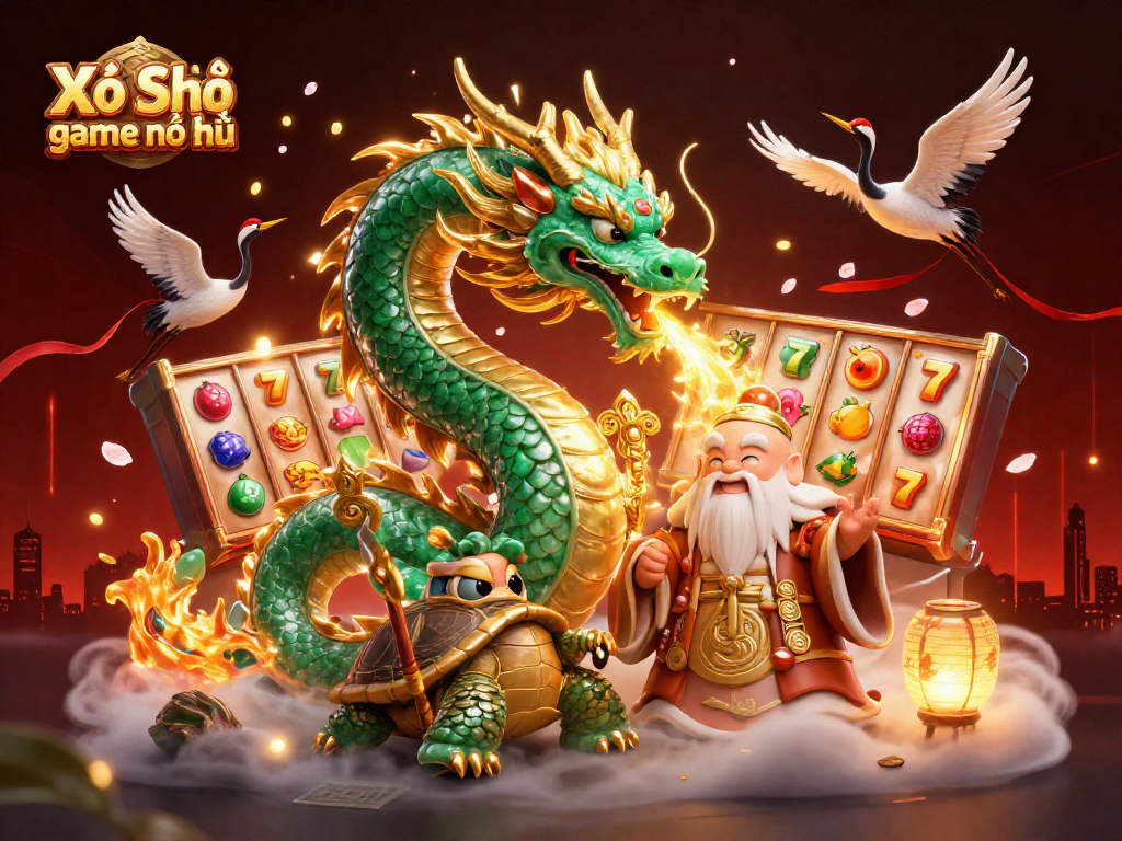 Xổ Số game nổ hũ depicts a vibrant scene with a jade dragon, turtle sage, and lucky cranes amidst a dynamic carnival of jackpot reels.