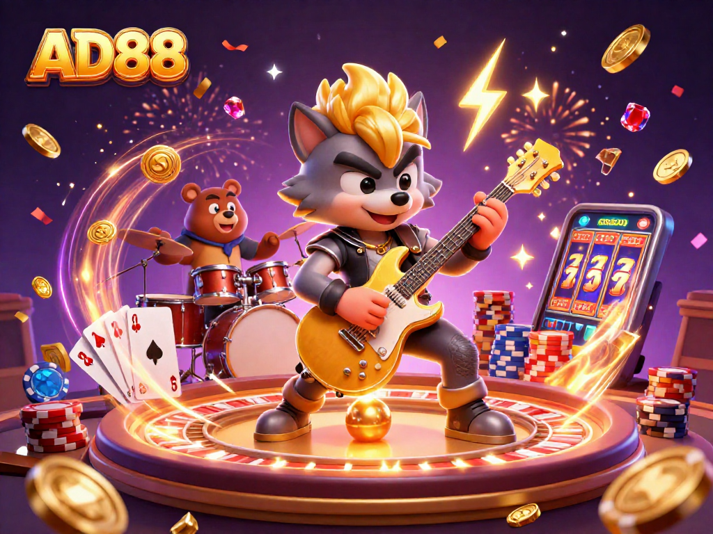 AD88 casino stage scene with a rock star wolf, drummer bear, and vibrant gaming elements.