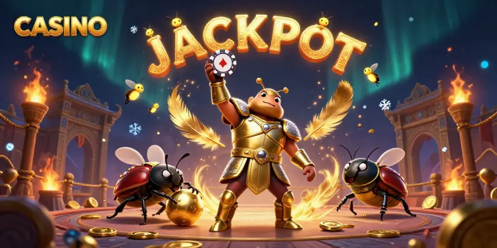 Casino victory scene with beetles celebrating and golden elements in a dynamic gaming arena.
