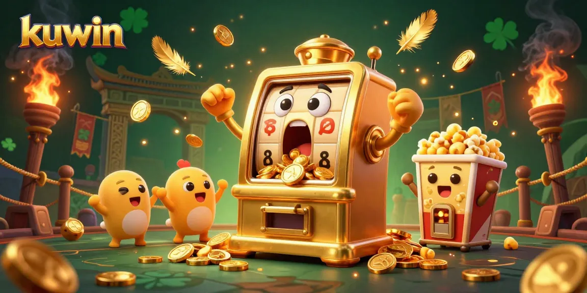 Kuwin slot machine hitting a jackpot with coins cascading, surrounded by cheering baby slots.
