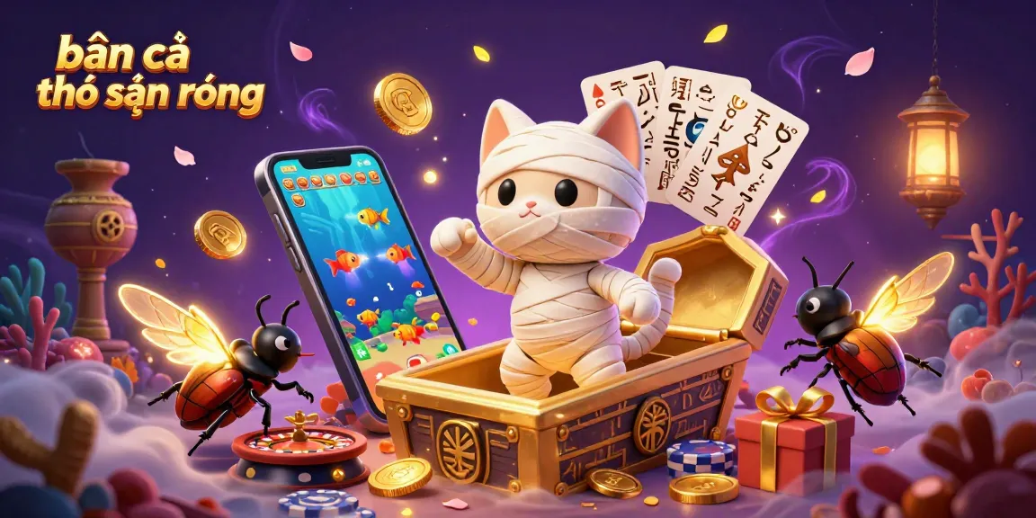 bắn cá thợ săn rồng gameplay featuring a vibrant underwater scene with a mummy cat and golden coins.